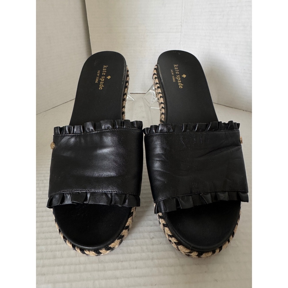 Kate Spade NY Zahara Sandals Womens 9.5 Black Leather Ruffle Espadrille Slides